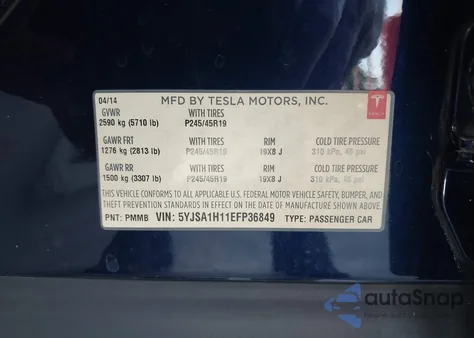2014 Tesla Model S P85 из США, поврежденный, VIN 5YJSA1H11EFP36849